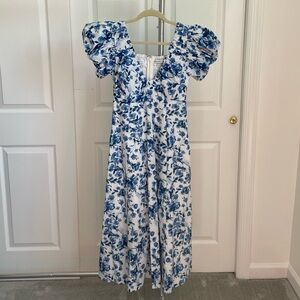 Abercrombie & Fitch Blue and White Puff Sleeve Midi Sundress XS